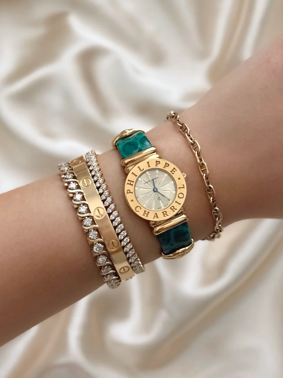 Authentic Vintage Philippe Charriol Diamond Green Leather Watch